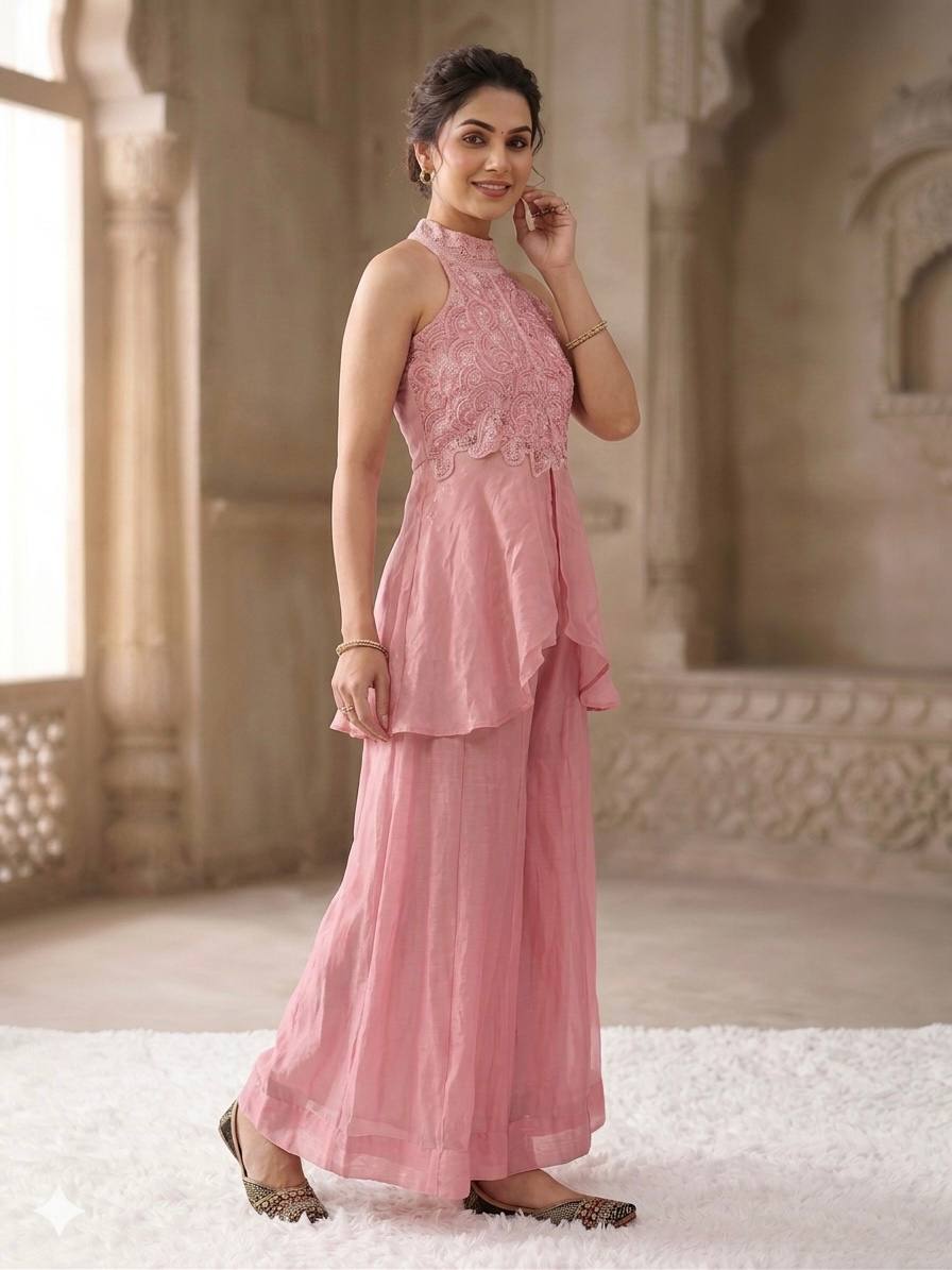 Elegant Blush Pink Peplum Kurti and Flared Palazzo Set Embellished with Delicate Resham Embroidery and Mirror Work